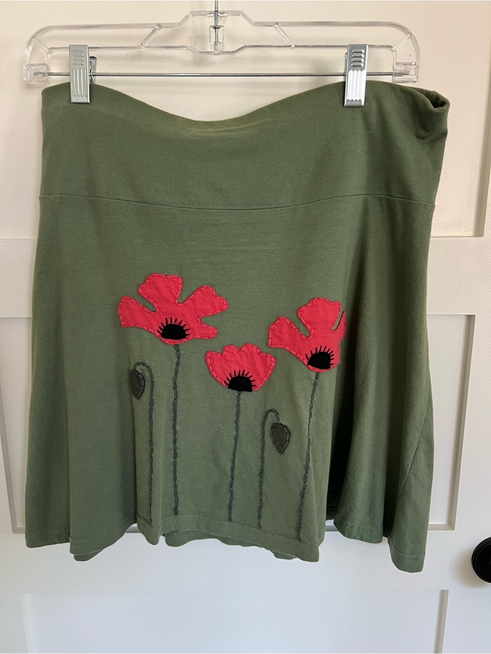 Unique Olive Green A-Line Skirt with Red Floral Appliqué